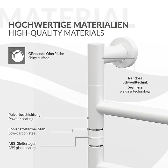 Handtuchwärmer Elektrisch Weiß 75W 450x622 mm 180° drehbar -  - Weißes Bauteil aus glänzendem, pulverbeschichtetem Kohlenstoffstahl mit ABS-Gleitlagern und nahtloser Schweißtechnik für hohe Qualität.