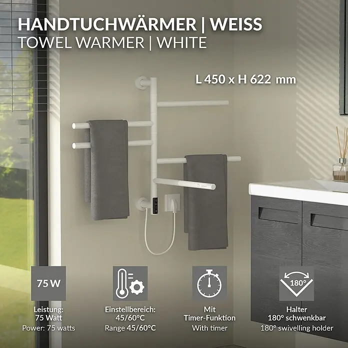 Handtuchwärmer Elektrisch Weiß 75W 450x622 mm 180° drehbar -  - Weißer elektrischer Handtuchwärmer (450x622mm) mit 75W, Timer und 180° schwenkbaren Armen im Badezimmer.