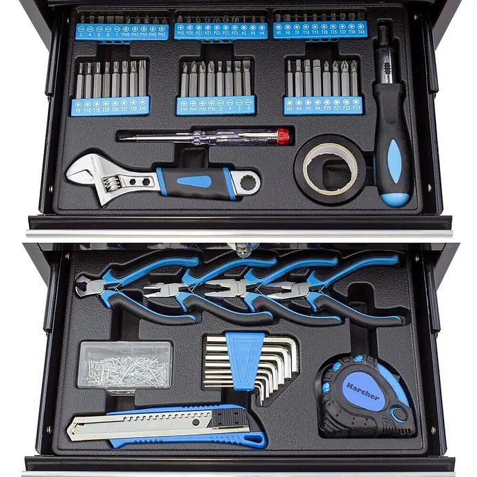 Karcher Werkzeugkoffer - 117 -tlg. - Schwarz-blaues Werkzeugset mit Handwerkzeugen: Zangen, Schraubenschlüssel, Bits, Maßband in organisiertem Koffer.