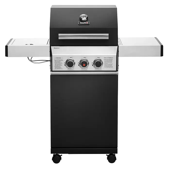 TAINO Gasgrill BLACK 2+1 - 3,5 kW, Anzahl Brenner: 3 Stk. - Schwarzer Gasgrill mit silbernem Bedienfeld, Seitenablagen und Rollen.