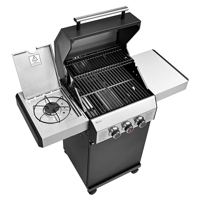 TAINO Gasgrill BLACK 2+1 - 3,5 kW, Anzahl Brenner: 3 Stk. - Schwarz-silberner Gasgrill mit offenem Deckel, Hauptgrillfläche, Seitenbrenner und Seitenablagen.
