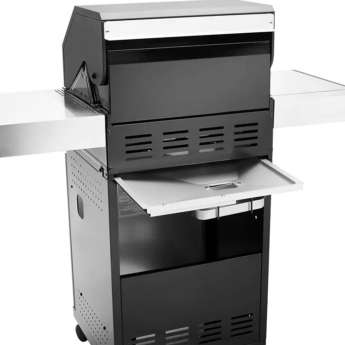 TAINO Gasgrill BLACK 2+1 - 3,5 kW, Anzahl Brenner: 3 Stk. - Schwarzer Outdoor-Grill mit silbernen Edelstahlelementen, ausziehbarem Fettauffangbehälter und klappbaren Seitenablagen.