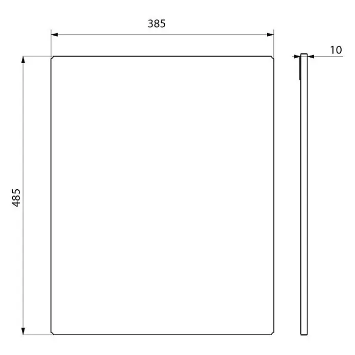 Delabie Wandspiegel Delabie Spiegel bruchsicher 10x385x485 mm Edst. spiegelpol. - 50,5 x 3 cm, Silber - Technische Zeichnung einer rechteckigen Platte, 385x485x10 mm.
