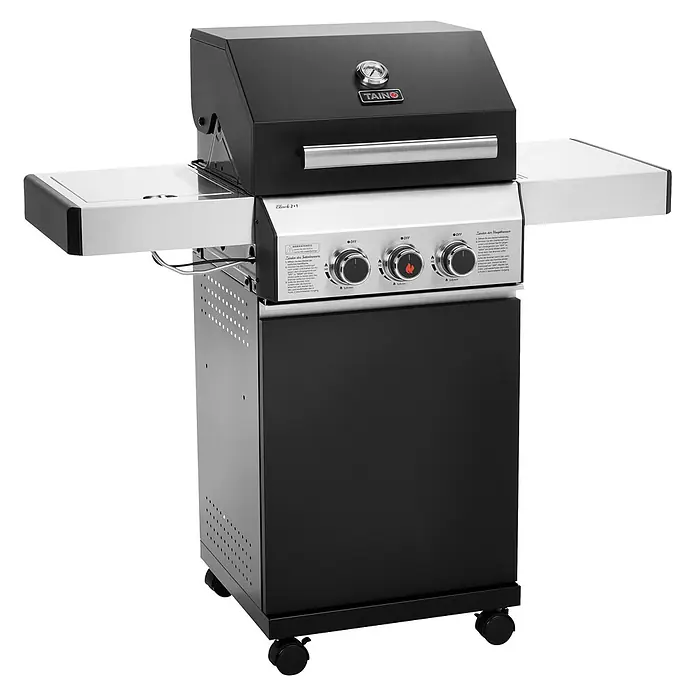 TAINO Gasgrill BLACK 2+1 - 3,5 kW, Anzahl Brenner: 3 Stk. - Schwarz-silberner Gasgrill auf Rollen mit Seitenablagen.