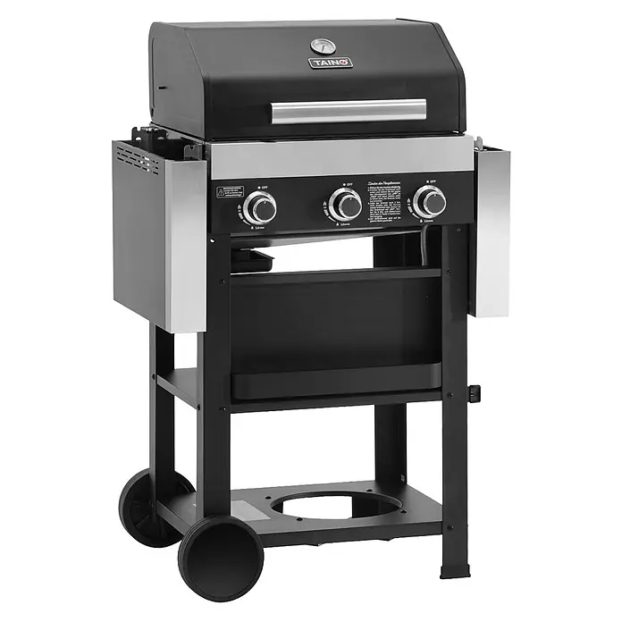 TAINO Gasgrill WABAYA 3+0 - 2,5 kW, Anzahl Brenner: 3 Stk. - Schwarzer und silberner Gasgrill mit drei Drehknöpfen, Deckel, Griff, Ablage und Rädern.