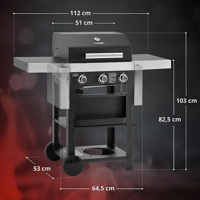 TAINO Gasgrill WABAYA 3+0 - 2,5 kW, Anzahl Brenner: 3 Stk. - Schwarzer Gasgrill mit silbernen Seitenablagen und Bedienfeld, mit Rollen für Mobilität.
