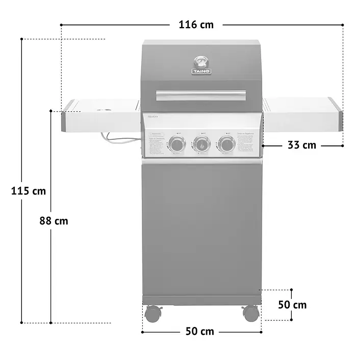 TAINO Gasgrill BLACK 2+1 - 3,5 kW, Anzahl Brenner: 3 Stk. - Grauer TAINO Gasgrill mit drei Bedienknöpfen, zwei Seitenablagen und Rollen. Maße: 116 cm breit, 115 cm hoch, 50 cm tief.
