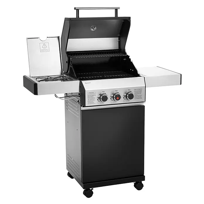 TAINO Gasgrill BLACK 2+1 - 3,5 kW, Anzahl Brenner: 3 Stk. - Schwarz-silberner Gasgrill mit geöffnetem Deckel, Seitenbrenner und Unterschrank auf Rollen.