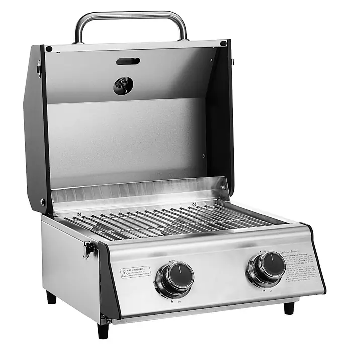 TAINO Gasgrill PLATINUM COMPACT - 2,2 kW, Anzahl Brenner: 2 Stk. - Tragbarer Gasgrill aus Edelstahl mit geöffnetem Deckel, Grillrosten, zwei Bedienknöpfen und Tragegriff.
