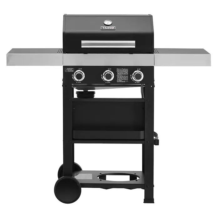 TAINO Gasgrill WABAYA 3+0 - 2,5 kW, Anzahl Brenner: 3 Stk. - Schwarz-silberner Gasgrill mit zwei Seitenablagen, Bedienknöpfen und Rollen für den Außenbereich.