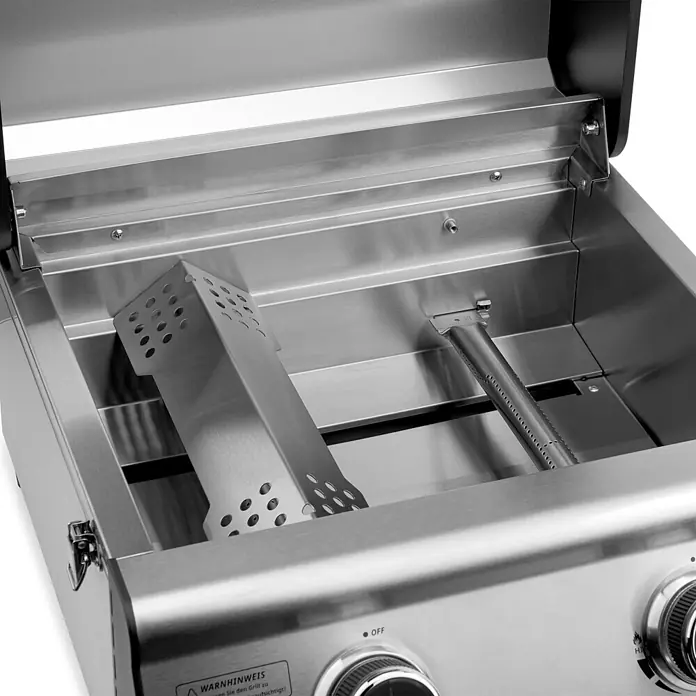 TAINO Gasgrill PLATINUM COMPACT - 2,2 kW, Anzahl Brenner: 2 Stk. - Ein offener Gasgrill aus Edelstahl mit Hauptbrenner und perforiertem Hitzeschutz im Inneren.