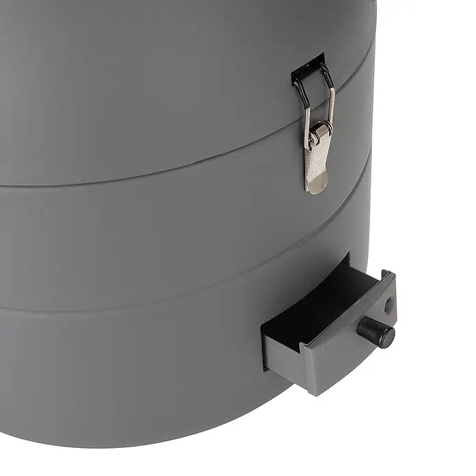 TAINO Gasgrill To-Go - 2,5 kW, Anzahl Brenner: 1 Stk. - Dunkelgraues zylindrisches Produkt mit Metallverschluss und offener unterer Schublade mit schwarzem Knopf.