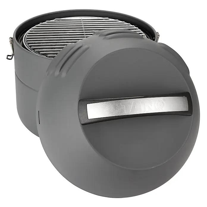TAINO Gasgrill To-Go - 2,5 kW, Anzahl Brenner: 1 Stk. - Dunkelgrauer tragbarer Tischgrill mit teilweise geöffnetem Deckel, der ein Edelstahl-Grillrost zeigt.
