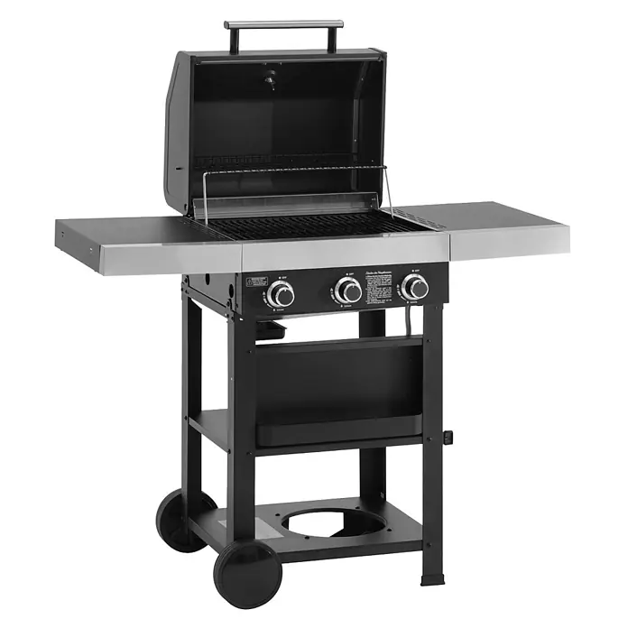 TAINO Gasgrill WABAYA 3+0 - 2,5 kW, Anzahl Brenner: 3 Stk. - Schwarzer und silberner Gasgrill mit geöffnetem Deckel, zwei Seitenablagen und einem unteren Stauraum mit Rollen.