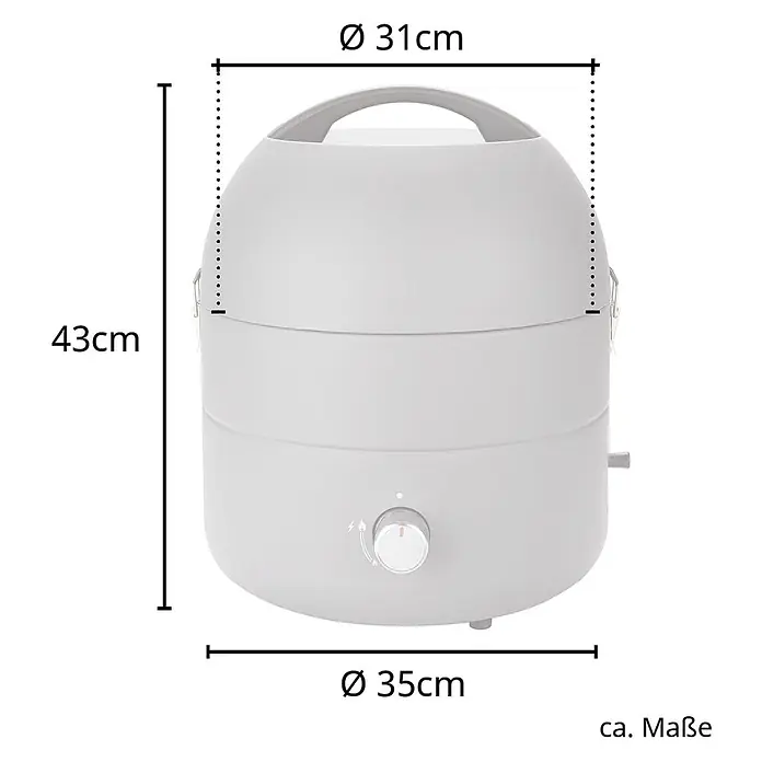 TAINO Gasgrill To-Go - 2,5 kW, Anzahl Brenner: 1 Stk. - Hellgraue Mini-Waschmaschine mit Griff und Drehregler, 43cm hoch, Ø 31cm oben, Ø 35cm unten.