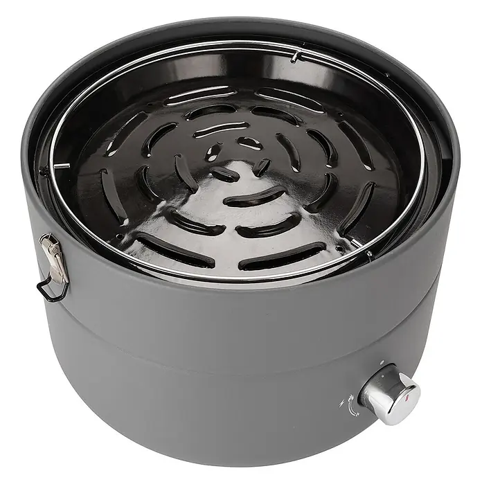 TAINO Gasgrill To-Go - 2,5 kW, Anzahl Brenner: 1 Stk. - Kompakter grauer Holzkohlegrill mit schwarzem Rost und silbernem Regler.