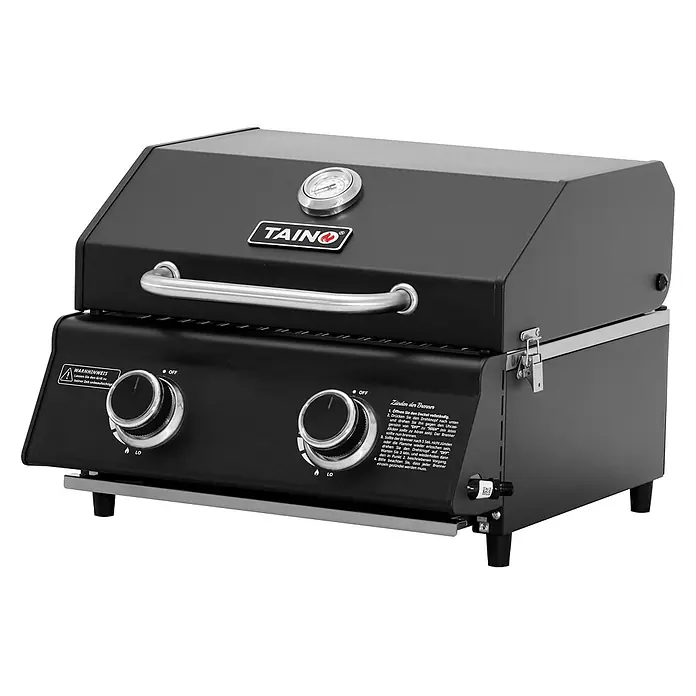 TAINO Gasgrill PLATINUM COMPACT - 2,2 kW, Anzahl Brenner: 2 Stk. - Schwarzer tragbarer Gasgrill mit zwei Brennern, silbernen Bedienelementen, Thermometer und Griff.