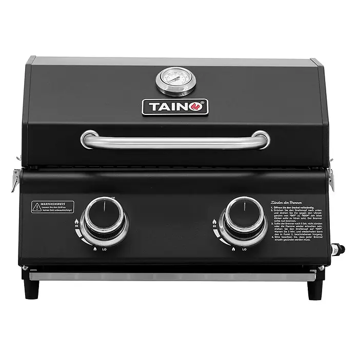 TAINO Gasgrill PLATINUM COMPACT - 2,2 kW, Anzahl Brenner: 2 Stk. - Kompakter schwarzer Gasgrill mit Deckel, Temperaturanzeige und zwei Reglern.