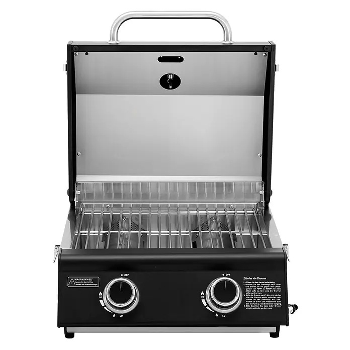 TAINO Gasgrill PLATINUM COMPACT - 2,2 kW, Anzahl Brenner: 2 Stk. - Offener tragbarer Gasgrill mit schwarzem Gehäuse, silbernen Edelstahlrosten und zwei Bedienknöpfen.