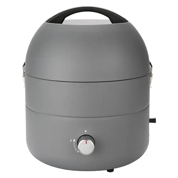 TAINO Gasgrill To-Go - 2,5 kW, Anzahl Brenner: 1 Stk. - Grauer runder tragbarer Gasgrill mit Griff und vorderem Bedienknopf.