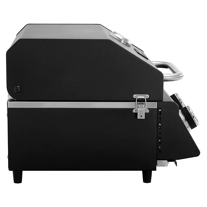 TAINO Gasgrill PLATINUM COMPACT - 2,2 kW, Anzahl Brenner: 2 Stk. - Schwarzer tragbarer Kocher mit silbernem Griff, Verschluss und Zierleiste, Seitenansicht.