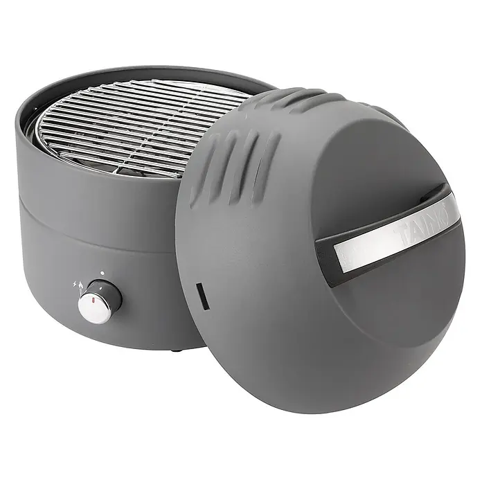 TAINO Gasgrill To-Go - 2,5 kW, Anzahl Brenner: 1 Stk. - Grauer tragbarer Holzkohlegrill mit offenem Deckel, Metallrost und Bedienknopf an der Seite.
