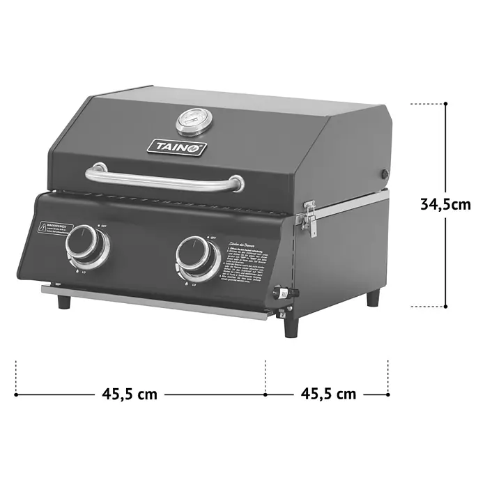 TAINO Gasgrill PLATINUM COMPACT - 2,2 kW, Anzahl Brenner: 2 Stk. - Schwarzer TAINO Gasgrill mit zwei Brennern, Bedienknöpfen und einem Deckelthermometer.