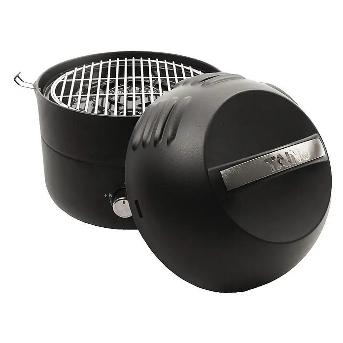 TAINO Gasgrill To-Go - 2,5 kW, Anzahl Brenner: 1 Stk. - Schwarzer tragbarer Grill mit teilweise geöffnetem Deckel, der den Rost zeigt. Ein silberner Drehknopf ist sichtbar und der Deckel trägt ein 'TAINÒ'-Logo.