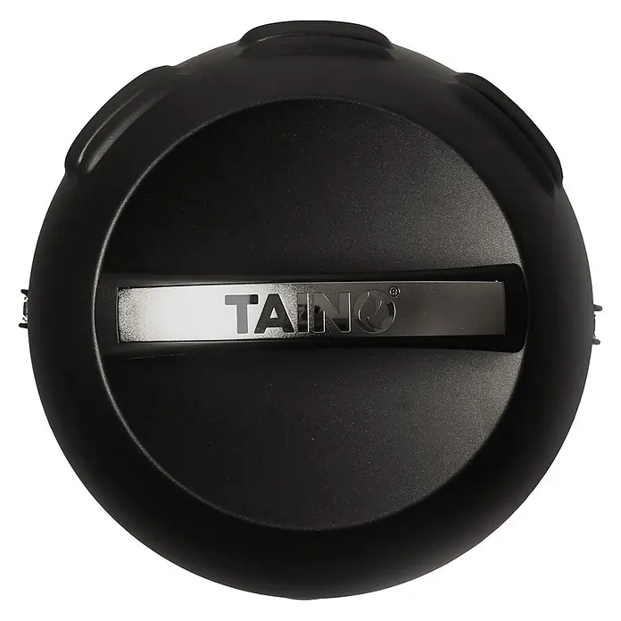 TAINO Gasgrill To-Go - 2,5 kW, Anzahl Brenner: 1 Stk. - Schwarzer, runder, strukturierter Deckel mit einem metallischen Silberstreifen und dem 'TAINQ®'-Logo.