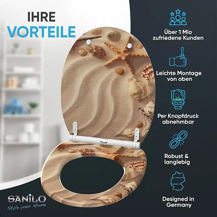 SANILO WC-Sitz Sanibel mit Schnellverschluss - MDF, Braun, Mit Absenkautomatik - Toilettensitz mit realistischem Stranddesign, Sand, Seesternen und verschiedenen Muscheln.