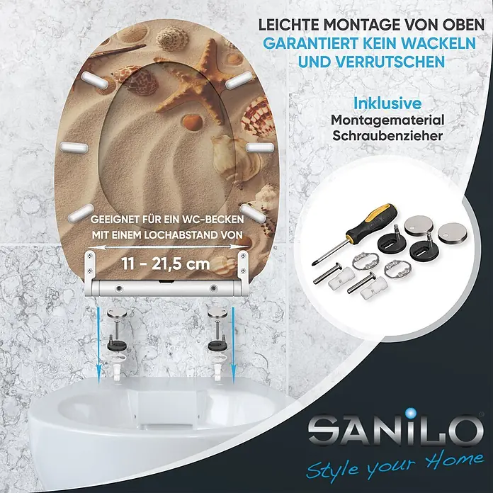 SANILO WC-Sitz Sanibel mit Schnellverschluss - MDF, Braun, Mit Absenkautomatik - WC-Sitz mit Sand-Muschel-Design, Montage von oben, einstellbarer Lochabstand (11-21,5 cm) und Montagematerial inklusive Schraubenzieher.