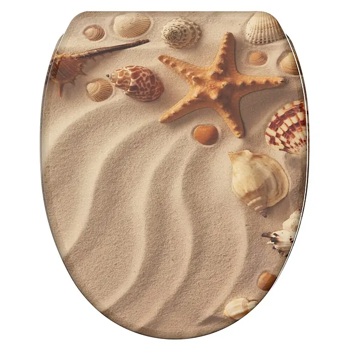 SANILO WC-Sitz Sanibel mit Schnellverschluss - MDF, Braun, Mit Absenkautomatik - Toilettensitz mit Strandmotiv, zeigt strukturierten Sand, verschiedene Muscheln und einen prominenten orangefarbenen Seestern.