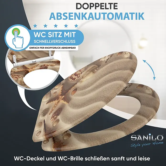 SANILO WC-Sitz Sanibel mit Schnellverschluss - MDF, Braun, Mit Absenkautomatik - WC-Sitz mit Strandmotiv (Sand, Muscheln, Seestern), doppelter Absenkautomatik und Schnellverschluss zum einfachen Abnehmen.