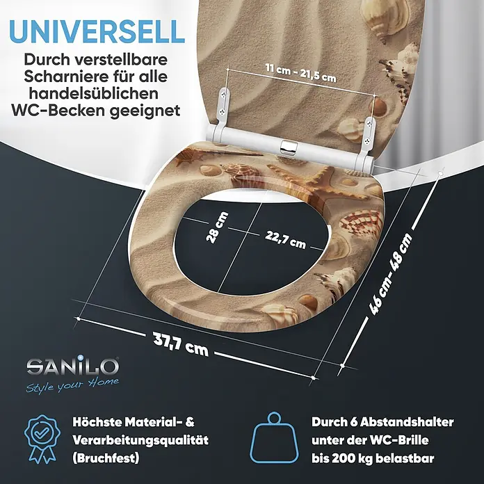 SANILO WC-Sitz Sanibel mit Schnellverschluss - MDF, Braun, Mit Absenkautomatik - Toilettensitz mit Strand- und Muschelmotiv, verstellbaren Scharnieren für universelle Passform und robustem Design bis 200 kg.