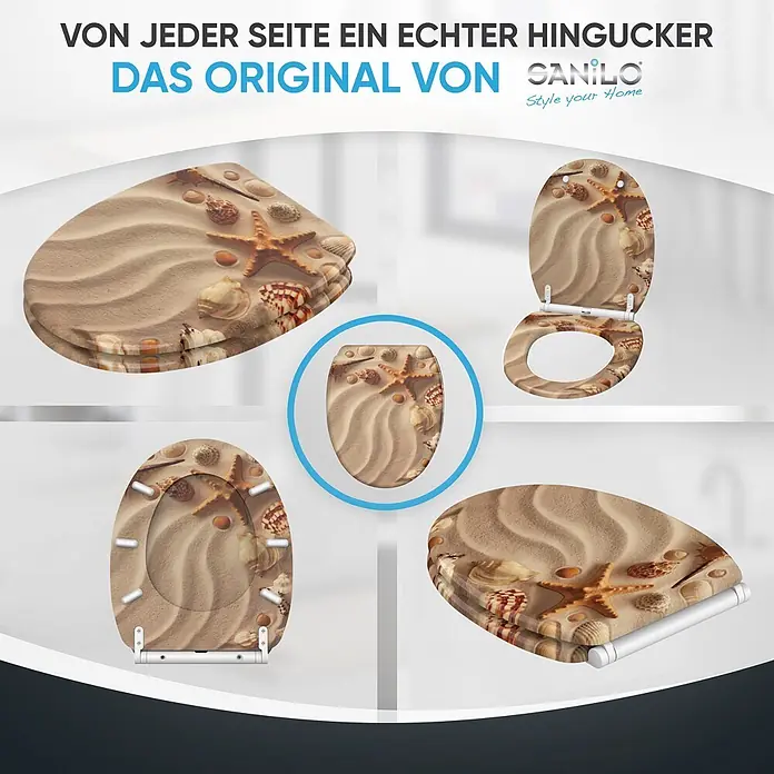 SANILO WC-Sitz Sanibel mit Schnellverschluss - MDF, Braun, Mit Absenkautomatik - Toilettensitz mit realistischem Sand-, Seestern- und Muschelstrand-Design, aus mehreren Blickwinkeln gezeigt.