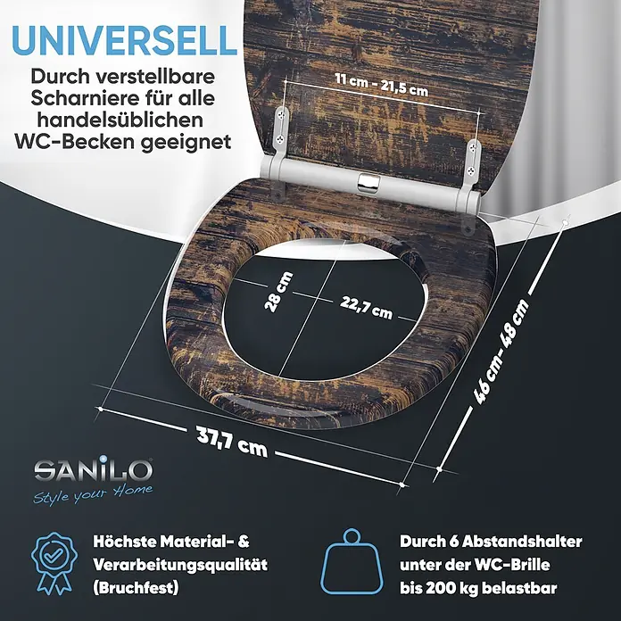 SANILO WC-Sitz Vintage mit Schnellverschluss - MDF, Braun, Mit Absenkautomatik - WC-Sitz in Holzoptik mit Abmessungen und verstellbaren Scharnieren für universelle Passform.