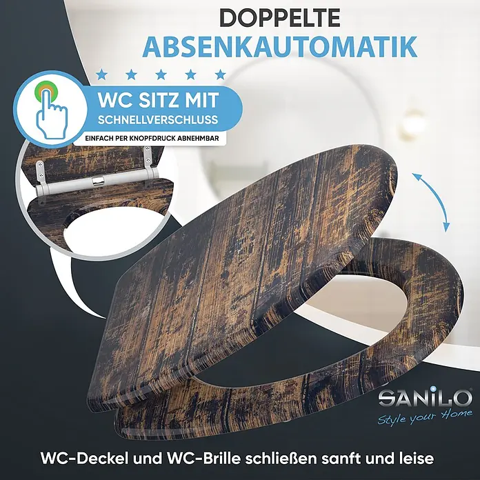 SANILO WC-Sitz Vintage mit Schnellverschluss - MDF, Braun, Mit Absenkautomatik - Toilettensitz in rustikaler dunkler Holzoptik mit doppelter Absenkautomatik und Schnellverschluss, per Knopfdruck abnehmbar.
