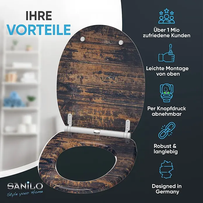 SANILO WC-Sitz Vintage mit Schnellverschluss - MDF, Braun, Mit Absenkautomatik - Ein offener WC-Sitz mit dunkler, rustikaler Holzoptik, der sein einzigartiges Design betont.