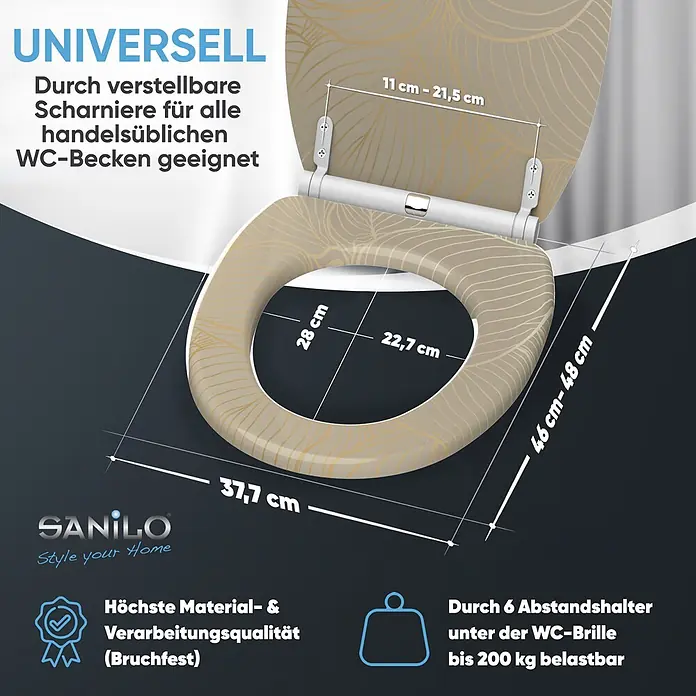SANILO WC-Sitz Hosta mit Schnellverschluss - MDF, Beige, Mit Absenkautomatik - Beiger WC-Sitz mit goldenem Blattmuster, universell passend. Mit verstellbaren Scharnieren und bis zu 200 kg belastbar.