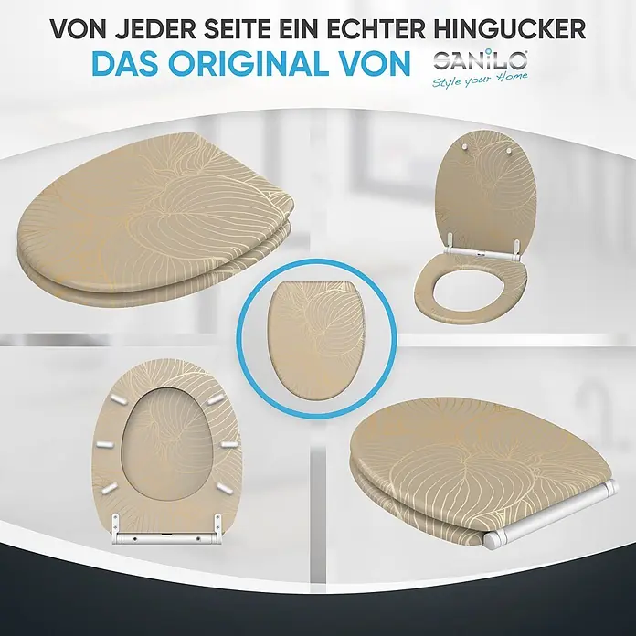 SANILO WC-Sitz Hosta mit Schnellverschluss - MDF, Beige, Mit Absenkautomatik - Beigefarbener Toilettensitz mit goldenem Blattmuster, aus verschiedenen Blickwinkeln gezeigt.