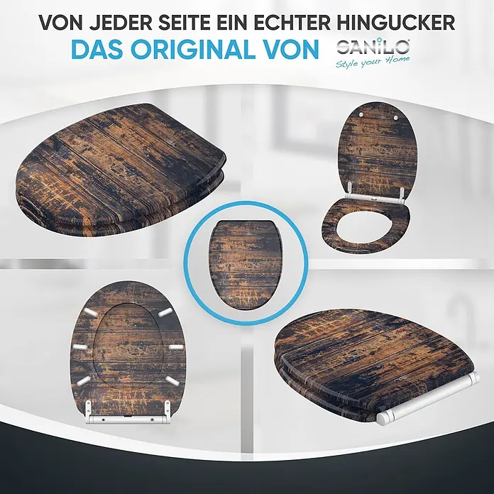 SANILO WC-Sitz Vintage mit Schnellverschluss - MDF, Braun, Mit Absenkautomatik - Toilettensitz in rustikaler Holzoptik mit dunkler Maserung, aus verschiedenen Perspektiven.