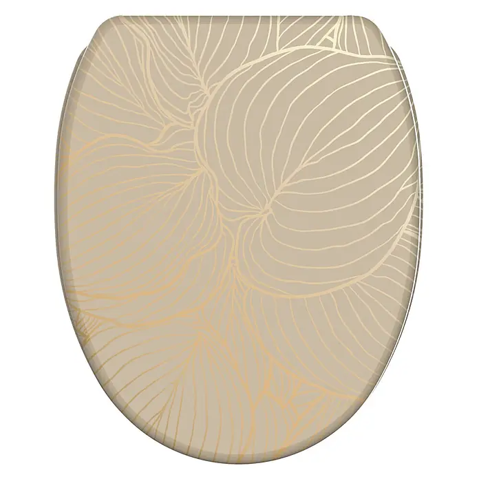 SANILO WC-Sitz Hosta mit Schnellverschluss - MDF, Beige, Mit Absenkautomatik - Beigefarbener Toilettendeckel mit abstraktem, goldenem organischem Blattmuster.