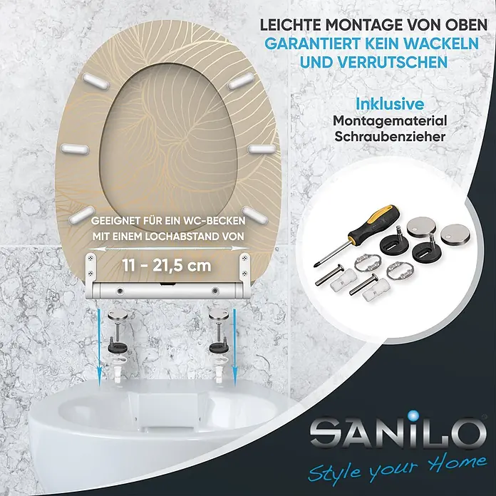SANILO WC-Sitz Hosta mit Schnellverschluss - MDF, Beige, Mit Absenkautomatik - Beiger Toilettensitz mit goldenem Blattmuster, der die Top-Montage und das mitgelieferte Befestigungsmaterial und Schraubenzieher zeigt.