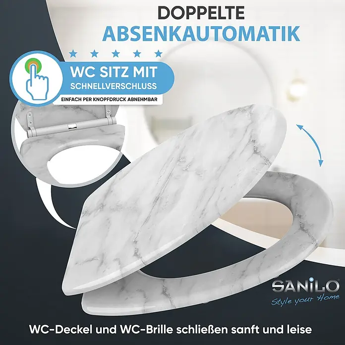 SANILO WC-Sitz Marmor mit Schnellverschluss - MDF, Grau, Mit Absenkautomatik - WC-Sitz mit Marmoroptik und doppelter Absenkautomatik, einfach per Knopfdruck abnehmbar.