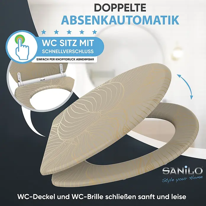SANILO WC-Sitz Hosta mit Schnellverschluss - MDF, Beige, Mit Absenkautomatik - Beigefarbener WC-Sitz mit goldenem Muster, doppelter Absenkautomatik und Schnellverschluss zum einfachen Abnehmen. Schließt sanft und leise.