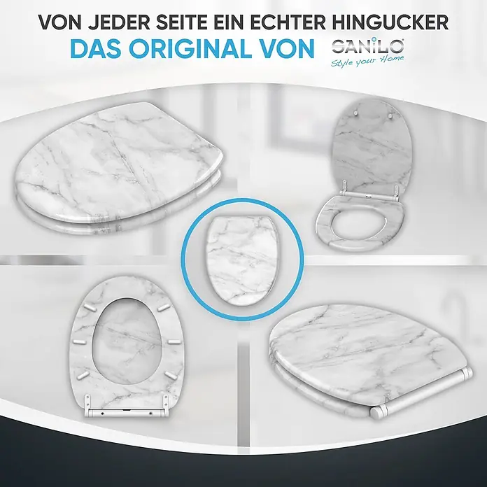 SANILO WC-Sitz Marmor mit Schnellverschluss - MDF, Grau, Mit Absenkautomatik - Mehrere weiße Marmor-gemusterte Toilettensitze, geschlossen und geöffnet aus verschiedenen Winkeln gezeigt.