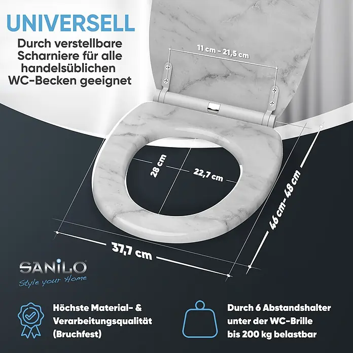 SANILO WC-Sitz Marmor mit Schnellverschluss - MDF, Grau, Mit Absenkautomatik - Weißer WC-Sitz in Marmoroptik mit verstellbaren Scharnieren, Maßen 37,7x46-48cm, bruchfest und bis 200kg belastbar.