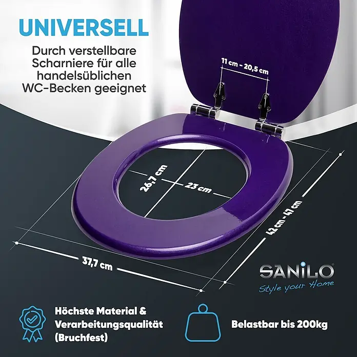SANILO WC-Sitz Glitzer Lila mit Schnellverschluss - MDF, Violett, Mit Absenkautomatik - Lila WC-Sitz mit verstellbaren Scharnieren und sichtbaren Abmessungen.