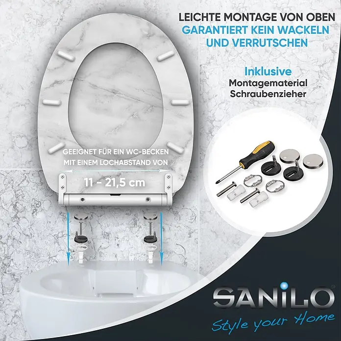 SANILO WC-Sitz Marmor mit Schnellverschluss - MDF, Grau, Mit Absenkautomatik - Weißer Toilettensitz mit Marmoroptik, einfache Top-Montage, passend für 11-21,5cm Lochabstand, inkl. Montagematerial & Schraubenzieher.