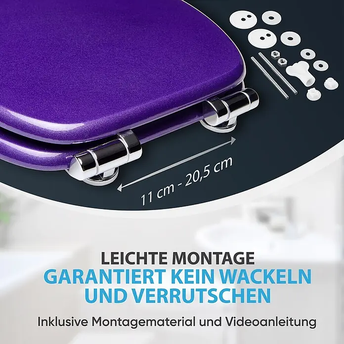 SANILO WC-Sitz Glitzer Lila mit Schnellverschluss - MDF, Violett, Mit Absenkautomatik - Glänzender violetter Toilettensitz mit Chromscharnieren und Befestigungsmaterial. Scharnierabstand von 11 bis 20,5 cm einstellbar.